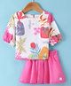 ORRIGANY Knit Three Fourth Sleeves Top and Skirt With Tropical Theme- Fuchsia