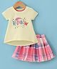 Orrigany Cotton Knit Half Sleeves T-Shirt & Checked Skirt Set Text Print - Lemon