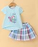 Orrigany Cotton Knit Half Sleeves Doll Printed Top & Checkered Skirt Set - Aqua