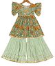 AATYA KIIDS Bell Sleeves Floral Printe Gota Embellished Kurta With Sharara - Dark Green