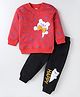Kookie Kids Full Sleeves Winter Wear Bear Printed Sweatshirt with Bow Detailing & Text Print Lounge Pants Set - Red & Black