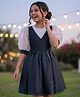 Pine Kids Woven Full Volume Sleeves Shimmer Party Dress - White & Navy Blue
