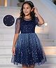 Pine Kids Woven Half Sleeves Party Frock with Star Glitter Print - Navy Blue