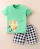 Teddy Sinker Knit Half Sleeves Roaring Lion Printed T-Shirt & Checkered Shorts Set - Green