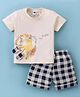 Teddy Sinker Knit Half Sleeves Roaring Lion Printed T-Shirt & Checkered Shorts Set - Beige