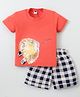 Teddy Sinker Knit Half Sleeves Roaring Lion Printed T-Shirt & Checkered Shorts Set - Red