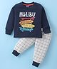 Teddy Sinker Knit Full Sleeves T-Shirt & Checkered Lounge Pants Set With Beach Theme Print - Navy & White
