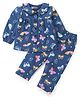 Babyhug Cotton Knit Full Sleeves Front Open Night Suit with Peter Pan Collar & Butterfly Print - Navy Blue