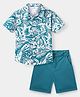 Ollington St. 100% Cotton Knit Half Sleeves Leaf Printed Collared Shirt & Twill Shorts Set - Multicolor