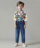 Ollington St. 100% Cotton Knit Full Sleeves Abstract Printed Shirt & Denim Jeans Set With Suspender - Multicolor