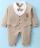 Mini Taurus Cotton Knit Full Sleeves Teddy Embroidered Party Romper With Bow Applique - Beige