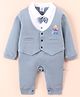 Mini Taurus Cotton Knit Full Sleeves Teddy Embroidered Party Romper With Bow Applique - Blue