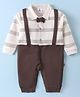 Mini Taurus Cotton Knit Full Sleeves Striped Romper with Bow & Suspender Applique - Brown