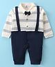 Mini Taurus Cotton Knit Full Sleeves Striped Romper with Bow & Suspender Applique - Navy