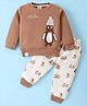 Mini Taurus Cotton Knit Full Sleeves Night Suit With Penguins Print - Brown