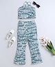 Taffykids 100% Cotton Halter Neck Abstract Printed Crop Top With Coordinating Bell Bottom Pant - Green & White