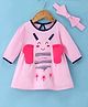Doreme Single Jersey Knit Three Fourth Sleeves Frock With Headband Butterfly Print- Light Pink
