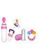 Sparkle Joy Combo of Silicone Squeezy Food Feeder Bottle With Spoon Rattle Teether Soft Silicone Finger Toothbrush and Silicone Rattle Fruit And Food Nibbler - Pink