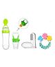 Sparkle Joy Combo of Silicone Squeezy Food Feeder Bottle With Spoon Rattle Teether Soft Silicone Finger Toothbrush and Silicone Rattle Fruit And Food Nibbler - Pink