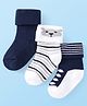 Cute Walk by Babyhug  Cotton Knit Anti-Bacterial Ankle Length Teddy & Strip Design Sock Pack of 3 - White & Navy Blue