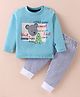 Mini Taurus Cotton Knit Full Sleeves T-Shirt & Checkered Lounge Pants Set With Teddy Print - A.Green