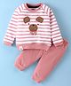 Mini Taurus Cotton Knit Full Sleeves Striped T-Shirt & Lounge Pants Set With Teddy Applique - Light Coral & White