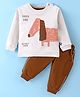 Mini Taurus Cotton Knit Full Sleeves T-Shirt & Lounge Pants Set With Puppy Print - Brown