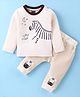 Mini Taurus Cotton Knit Full Sleeves T-Shirt & Lounge Pants Set With Zebra Print - Off White