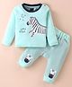 Mini Taurus Cotton Knit Full Sleeves T-Shirt & Lounge Pants Set With Zebra Print - Light Green