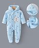 Kookie Kids Full Sleeves Footed Hooded Romper With Teddy Bear Patch - Light Blue