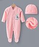 Kookie Kids Full Sleeves Footed Romper With Vehicle Embroidery & Hat - Peach