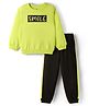 Doodle Poodle Light Weight Looper Cotton Knit Full Sleeves T-Shirt & Lounge Pants Set With Text Print - Sunny Lime & Grey