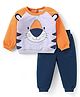 Doodle Poodle  Light Weight Looper Cotton Knit  Full Raglan Sleeves T-Shirt & Track Pant Set with Lion Print - Orange Grey & Navy Blue