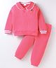 Kookie Kids Terry Knit Full Sleeves Rib Fabric Winter Wear Embroidered Top With Peter Pan Collar & Solid Color Joggers Set -  Dark Pink