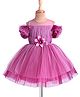 Bluebell Net Cold Shoulder Sleeves Floral Corsage Flared Glittery Party Frock -  Fuchsia