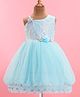Bluebell Net Woven One Shoulder Sleeves Shimmered Balloon Party Frock with Floral Applique - Sky Blue