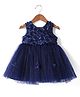 Bluebell Net Woven Sleeveless Shimmered Party Frock With Floral Applique - Navy Blue