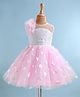 Bluebell Net Woven Sleeveless Party Frock with Frill Detailing & Floral Emblishments - Pink