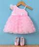 Bluebell Net Knit One Shoulder Sleeves Party Frock with Pair of Booties Bow & Butterfly Applique - Pink