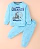 Smarty Boys Premium Cotton Looper Lycra Co-ord Set with Text Print - Blue