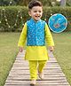 Babyhug Woven Full Sleeves Solid Colour Kurta Pyjama Set with Floral Embroidered Nehru Jacket - Lemon Yellow & Blue