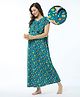 Bella Mama Cotton Knit Half Sleeves Concealed Zipper Nighty With Floral Print - Teal Blue