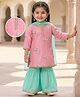 Babyhug Woven Full Sleeves Sequinned Chanderi Floral Embroidered Kurti Gharara & Net Dupatta Set - Pink & Blue