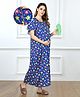 Bella Mama 100% Cotton Knit Half Sleeves Concealed Zipper Nursing Nighty  with Pockets & Floral Print - Royal Blue