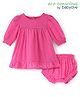 Babyoye Cotton Woven Full Sleeves Solid Dyed Frock with Bloomer - Pink
