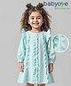 Babyoye Cotton Woven Three Fourth Sleeves Solid Dyed Frock With Frill Detailing & Bloomer - Light Blue
