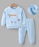 Kookie Kids Full Sleeves Winter Night Suit With Dino Embroidery - Light Blue