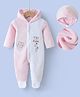 Kookie Kids Full Sleeves Front Open Hooded Footed Romper with Bear Embroidery - Pink