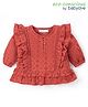 Babyoye Cotton Woven Half Sleeves Top with Frill Detailing & Schiffli Design - Red