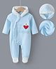 Kookie Kids Full Sleeves Front Open Hooded Footed Romper with Alphabet Bear & Heart Embroidery - Light Blue
